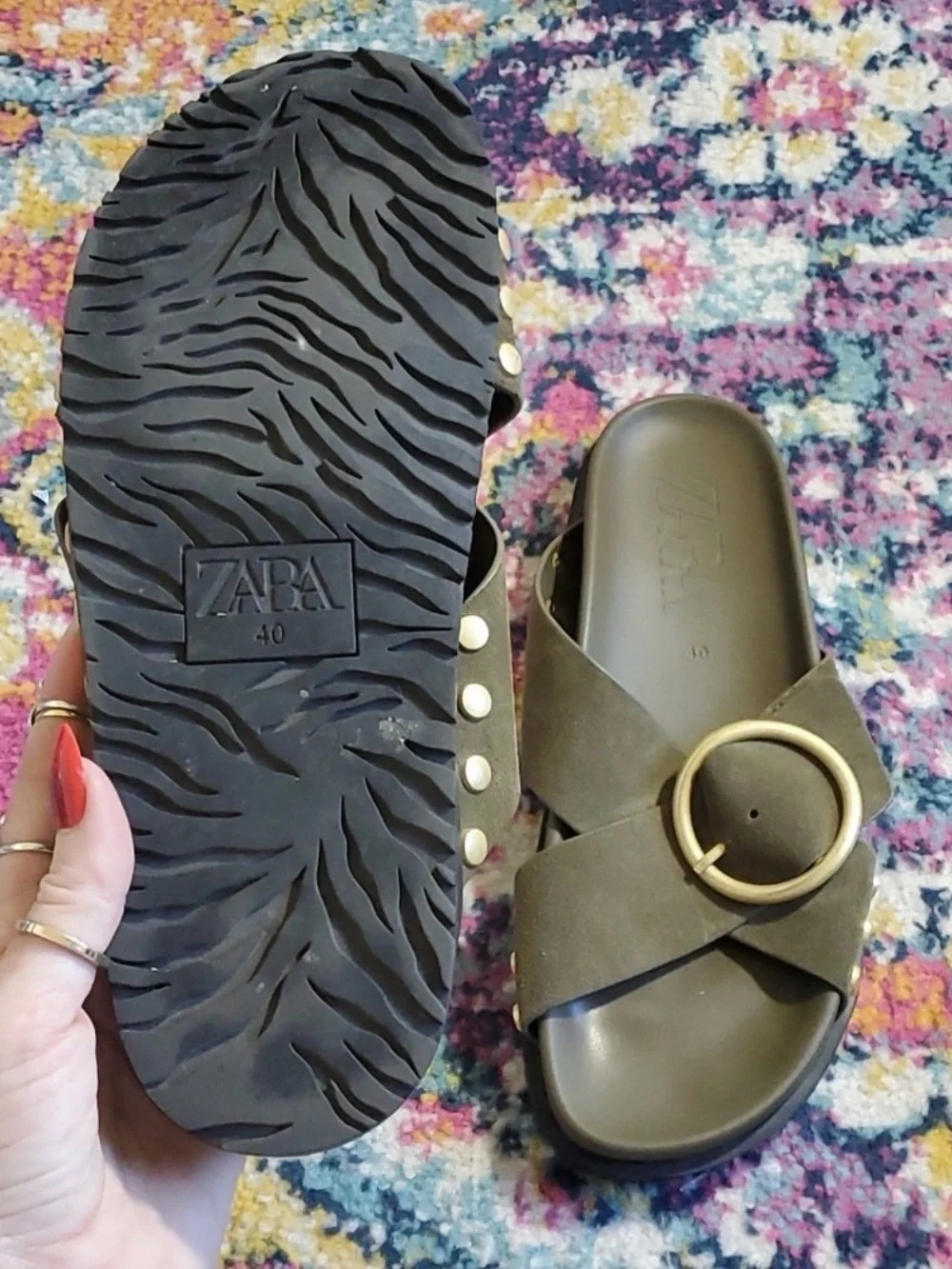 ZARA Leather and Suede Green Slip On Slides Sandals - Picture 5 of 6